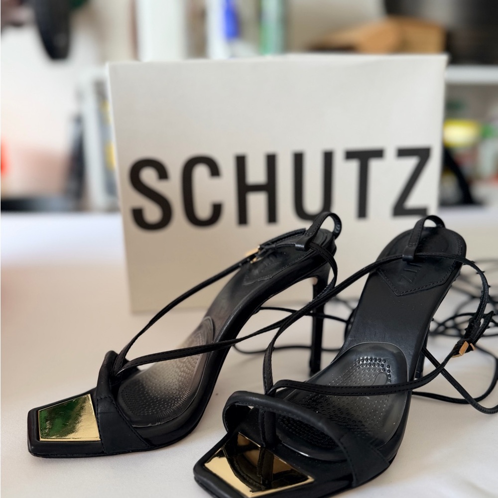 SCHUTZ Black and Gold Strappy Heels